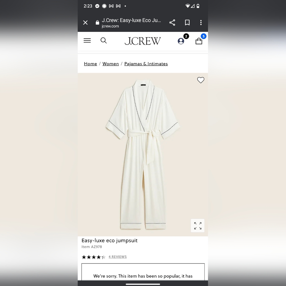 J.Crew Easy-luxe eco jumpsuit pajamas loungewear